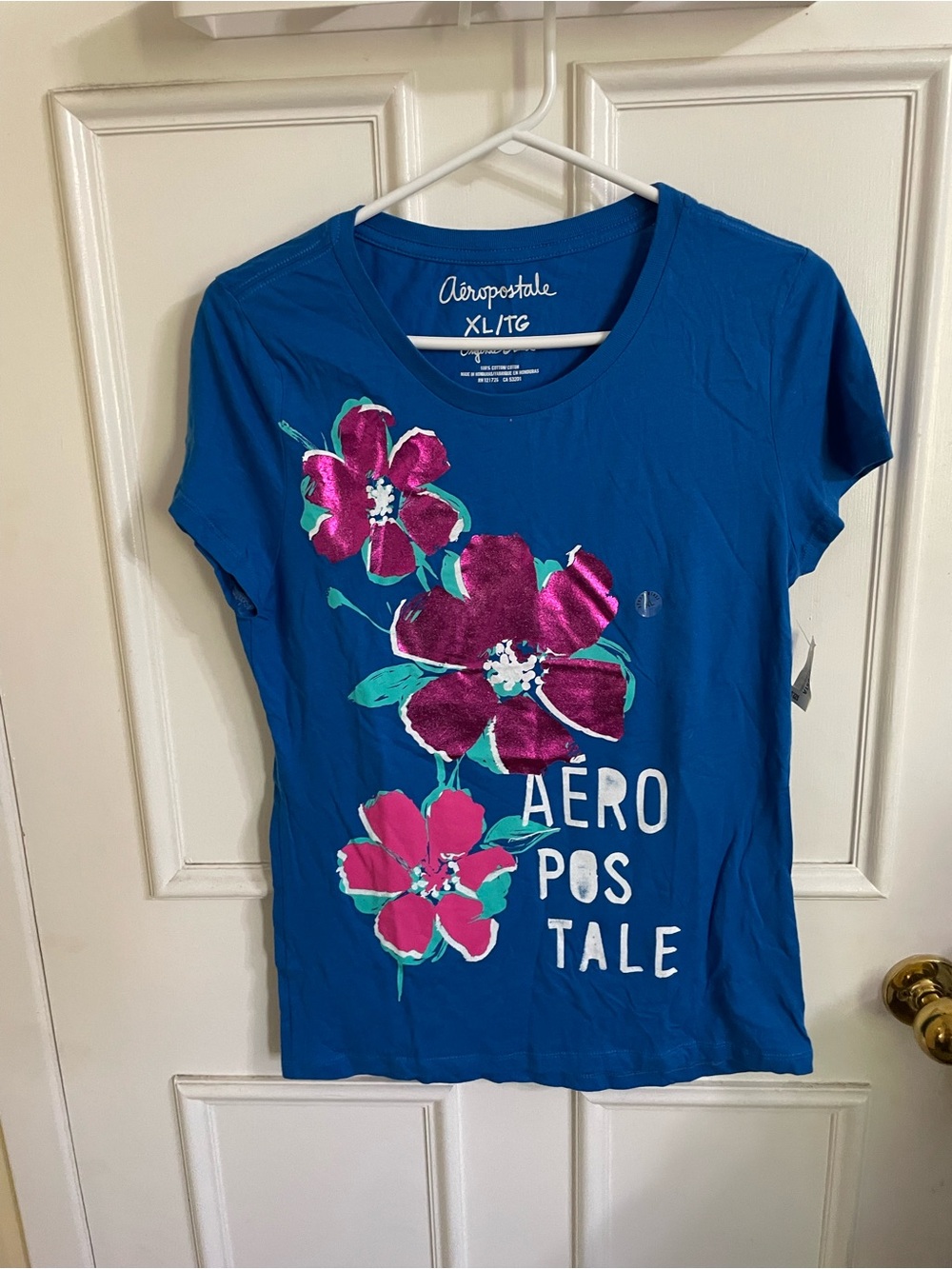 NWT Y2K Vintage Aeropostale Women's Blue Floral Metallic Graphic Tee sXL